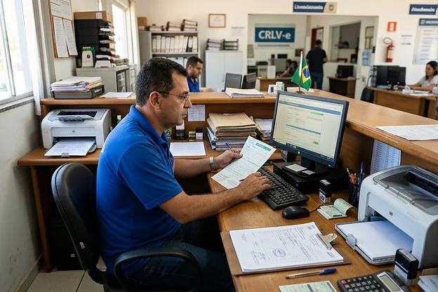 Despachante em Planaltina realizando licenciamento veicular com computador e documentos.